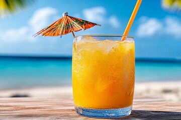 Obraz premium Close-up of a tropical drink with a straw and umbrella, sitting on a beachside table under the hot sun