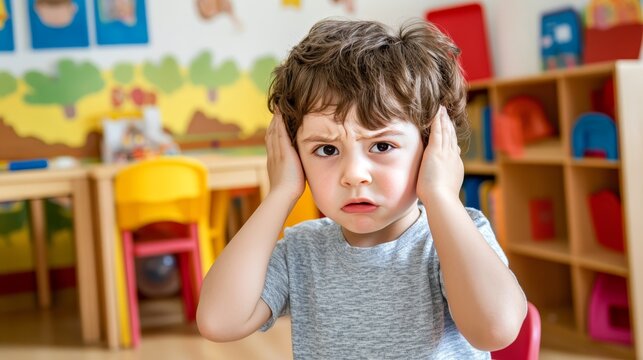 Upset autistic boy covering his ears in distress and overwhelmed by loud noises in preschool, struggling with sensory overload and seeking comfort in a noisy classroom environment - Powered by Adobe