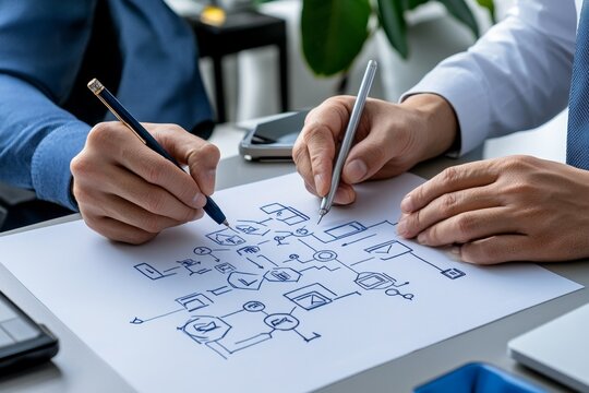 Close-up of hands drawing a new business process flowchart, symbolizing strategic change and optimization