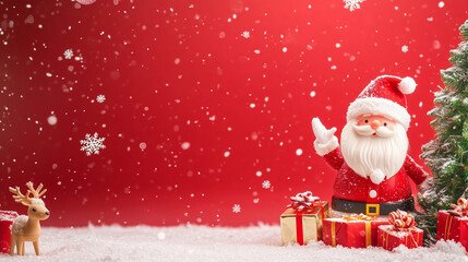 cartoon of santa claus with gift and raindeer on christmas red background