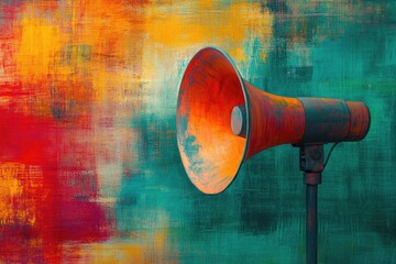 Rusty Megaphone Against an Abstract Background of Red, Yellow, and Green