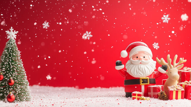 cartoon of santa claus with gift and raindeer on christmas red background