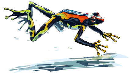 Vibrant poison dart frog leaps in mid-air.