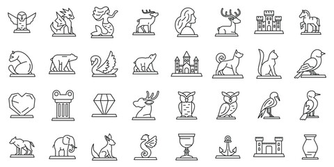 Ice sculpture icons set. Set of simple black and white heraldry statues line icons showing different animals, objects and mythical creatures on pedestals