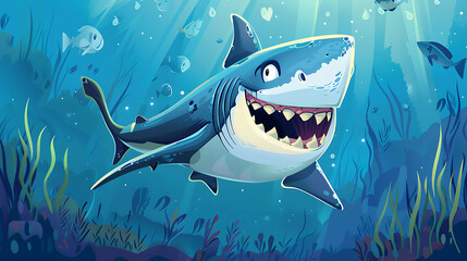 A cartoon shark with a big smile swims through the ocean.