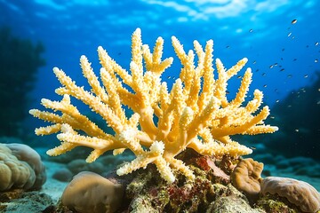 Vibrant staghorn coral, its branching structure covered in tiny fish, adding movement and life to the scene