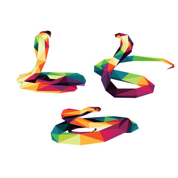 Collection of Cobra Snake in Colorful Polygonal Vector. Cobra Snake Low Poly Illustration set. Snake in Colorful Abstract Icon. good for kids coloring book