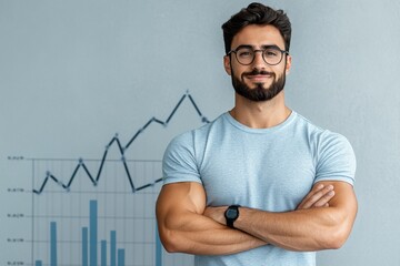 Entrepreneur standing confidently in front of a chart, symbolizing achievement, growth, and successful business ownership