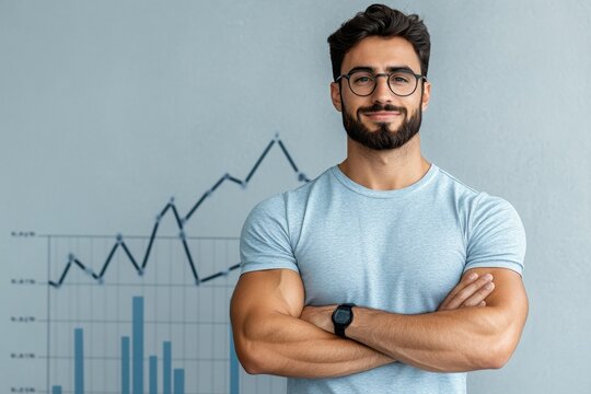 Entrepreneur standing confidently in front of a chart, symbolizing achievement, growth, and successful business ownership