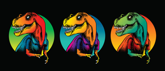 Tyrannosaurus Rex in a summer shirt. Original vector illustration in vintage style. T-shirt design.