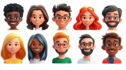 Smiling People Closeup Portrait Set Cute Cartoon Businessman Male and Female Avatars Multi-ethnic Man and Woman Faces Isolated on White Background