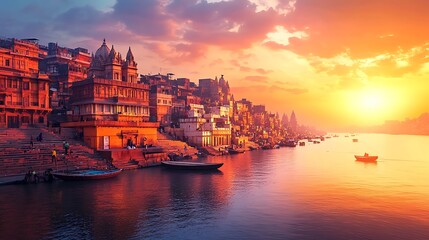 Serene sunset over a river with historic buildings and boats, reflecting tranquility and culture.