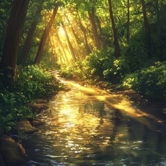 Fototapeta premium Serene Forest with Sunlight Reflecting on a Tranquil Stream