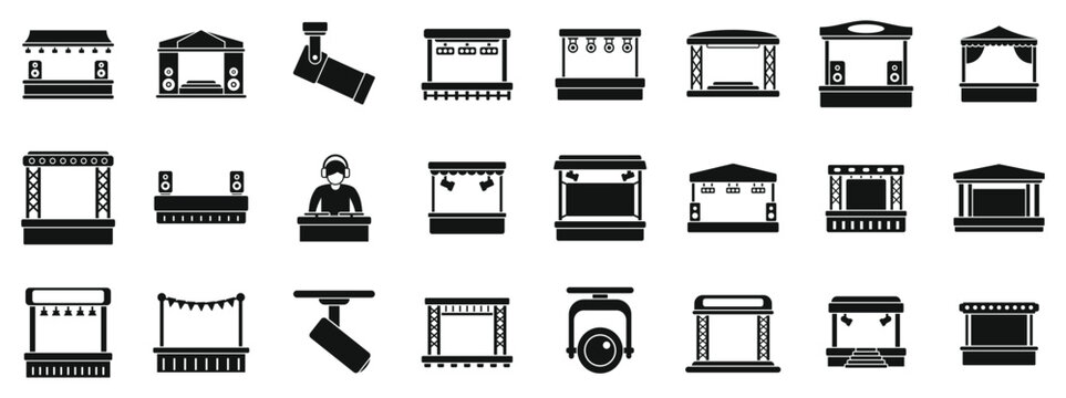 Outdoor music festival stage icons set. Event stage icon set, simple set of event stage vector icons for web design on white background