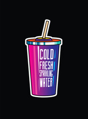 Fast food plastic cup with straw. Hot or cold drink. Original vector illustration in vintage style.