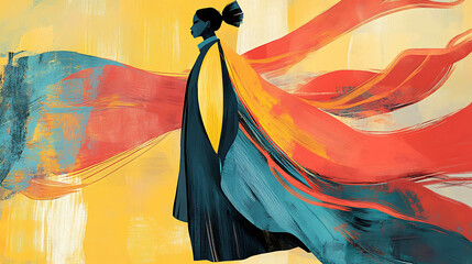 A colorful illustration of a woman walking with a red scarf.