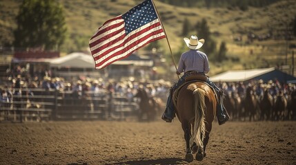 Cowboy carrying American flag during rodeo event in a rural setting on a sunny day