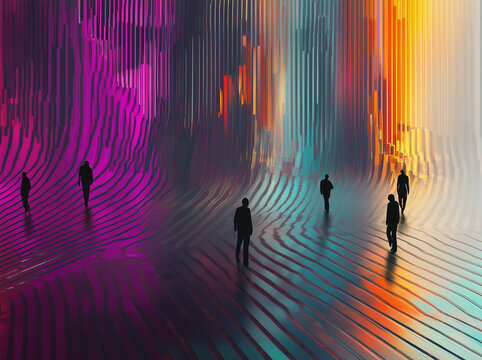 people walking in futuristic space
