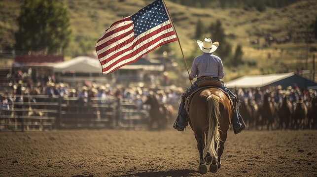 Cowboy carrying American flag during rodeo event in a rural setting on a sunny day