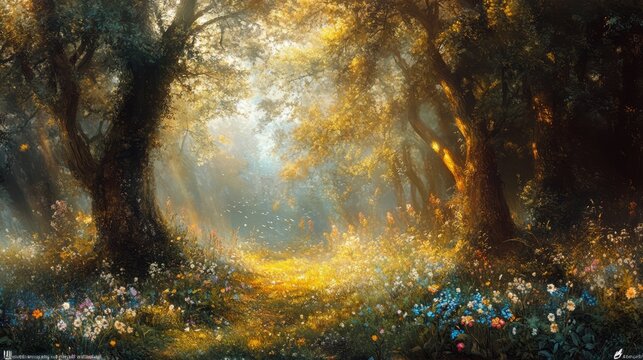 Enchanted Forest with Sunlight and Wildflowers
