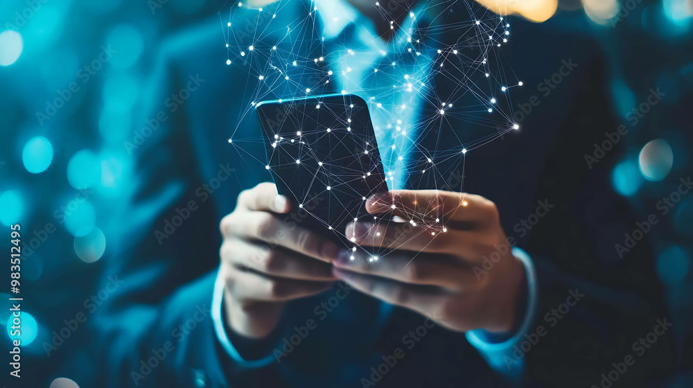 Sticker Man in a suit using a smartphone with glowing network connections.