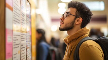 A young man with glasses looking at a bulletin board in a hallway