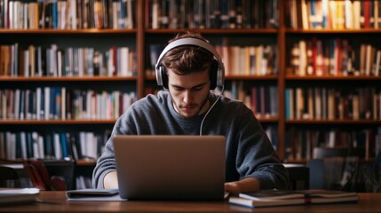 Young Man Wearing Headphones Uses a Laptop in a Library