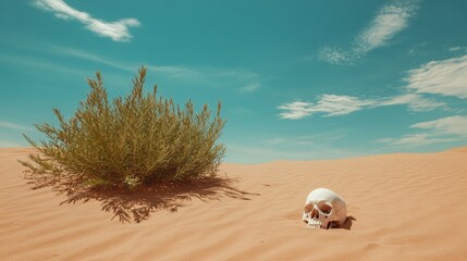 Obraz premium Solitary Skull Amidst Arid Desert Landscape with Minimal Vegetation and Dramatic Sky