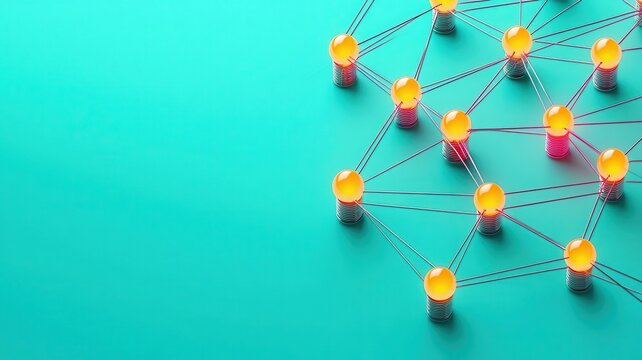 A mind map of interconnected glowing ideas, each node pulsing with energy, flat design, teal and orange color scheme