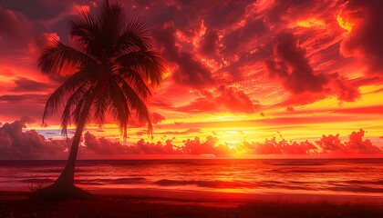 Coconut tree against fiery sunset.