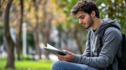 Obraz premium Young Man Reading a Notebook in a Park