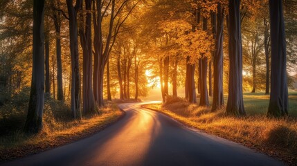 Fototapeta premium Serene Autumn Pathway Through Golden Forest