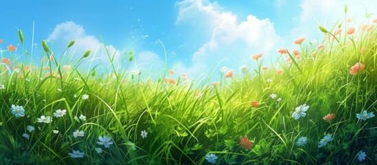 Obraz premium A peaceful image of green grass adorned with daisies under a clear sky, representing natural serenity and beauty.