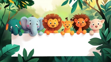 Fototapeta premium Cute Cartoon Animals in Jungle Scene with Blank Space for Text
