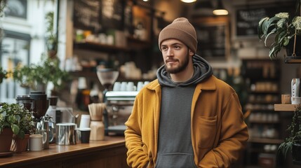 Fototapeta premium A fashionable young man stands inside a cozy coffee shop, wearing a brown beanie, a mustard-colored jacket, and layered casual clothing.
