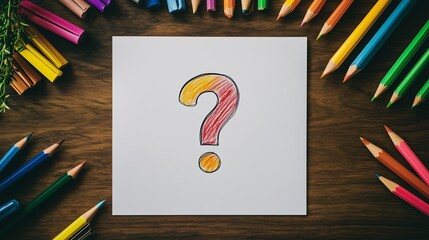 Colorful question mark drawing surrounded by crayons and markers on a wooden table in a creative workspace