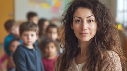 Fototapeta premium A smiling young woman teacher with a group of children in the background.