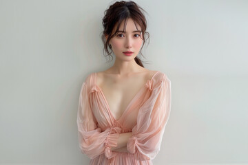 Fototapeta premium ピンクのふんわりシフォンと美人女性