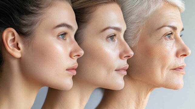 Three women with different ages and skin tones. The middle woman has a slight tan and the right woman has a lot of wrinkles