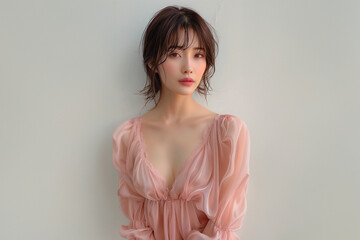 Fototapeta premium ピンクのふんわりシフォンと美人女性