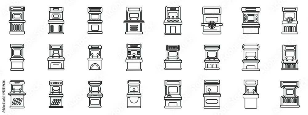 Poster retro arcade video game screen machine icons set. large set of different arcade game cabinets with j