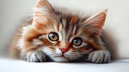 A close-up of a fluffy cat with expressive eyes.