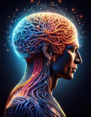 A highly detailed digital illustration of a human-like figure with a glowing brain and neural connections, symbolizing artificial intelligence and advanced technology.
