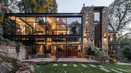 Fototapeta premium Stunning Modern Glass and Stone Villa Nestled in Lush Landscaped Garden and Surrounded by Nature