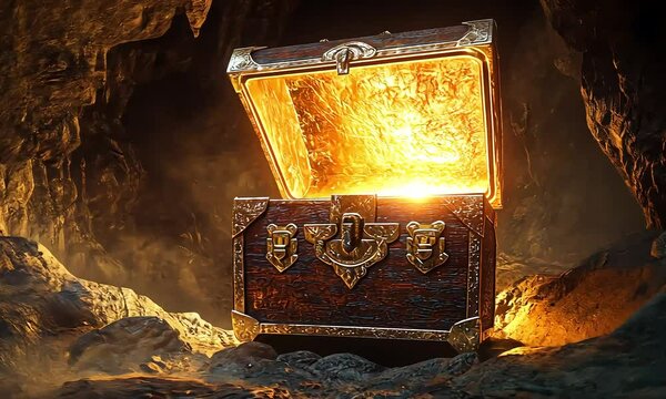 Glowing treasure chest in dark cave with ai generated.
