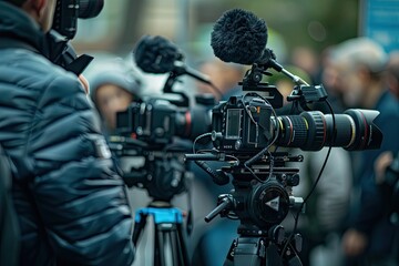A cameraman filming an event. This image is perfect for illustrating articles about the news, media, or filmmaking.
