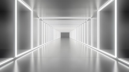 A sleek, modern corridor illuminated by bright neon lights, creating a futuristic atmosphere.