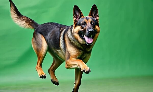 German Shepherd running with excitement on green background with ai generated.
