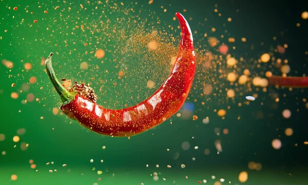 Red chili pepper with falling spice flakes green screen background with ai generated.

