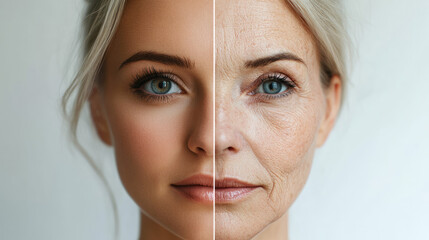 The two faces are of a woman with one being a younger version of her. The older face has wrinkles and sagging skin, while the younger face has smooth skin and a more youthful appearance